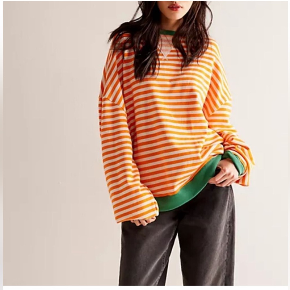 EUC Free People We The Free Classic Striped Oversized Crewneck Pullover Sweater
